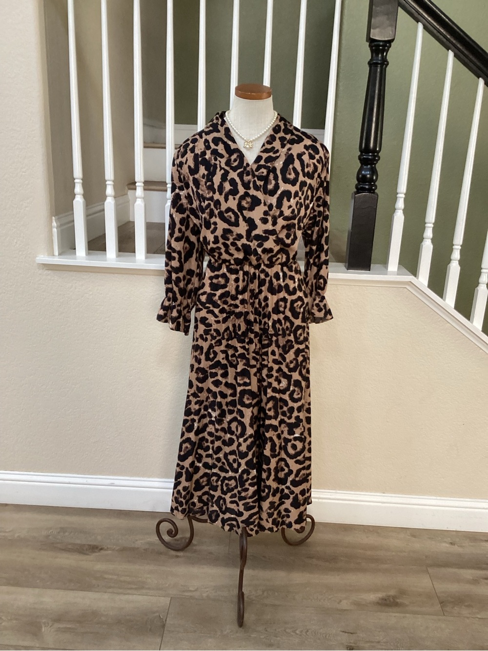 Leopard Print Midi Wrap Dress - Tan & Black